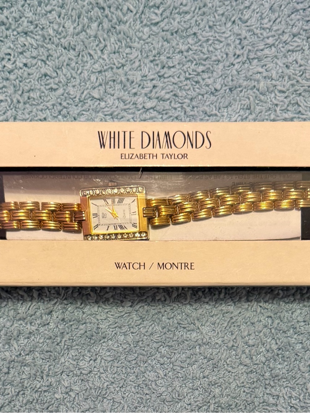 Vintage Elizabeth Taylor White Diamonds Gold Tone Wristwatch in Original Box